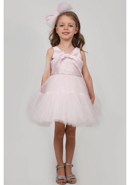 Kız Çocuk Abiye Elbise Arkası Fiyonk Detaylı Bel Kısmıtaşlı Taçlı 1-5 Yaş, Pembe