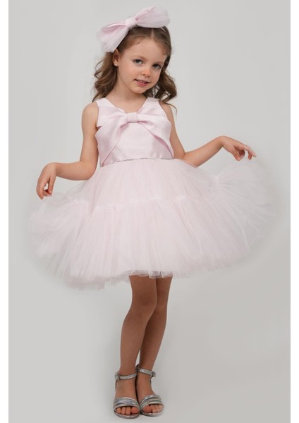 Kız Çocuk Abiye Elbise Arkası Fiyonk Detaylı Bel Kısmıtaşlı Taçlı 1-5 Yaş, Pembe fiyatları