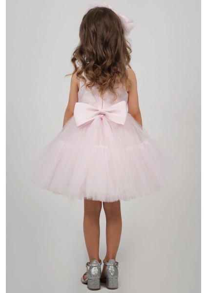 Kız Çocuk Abiye Elbise Arkası Fiyonk Detaylı Bel Kısmıtaşlı Taçlı 1-5 Yaş, Pembe modelleri
