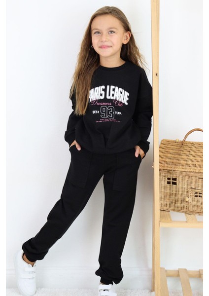 Kız Çocuk Eşofman Takım Lig Temalı Ön Kısmı V Dikişli 5-10 Yaş, Siyah