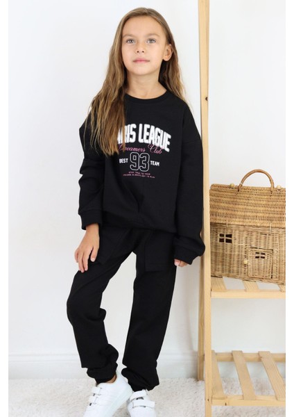 Kız Çocuk Eşofman Takım Lig Temalı Ön Kısmı V Dikişli 5-10 Yaş, Siyah