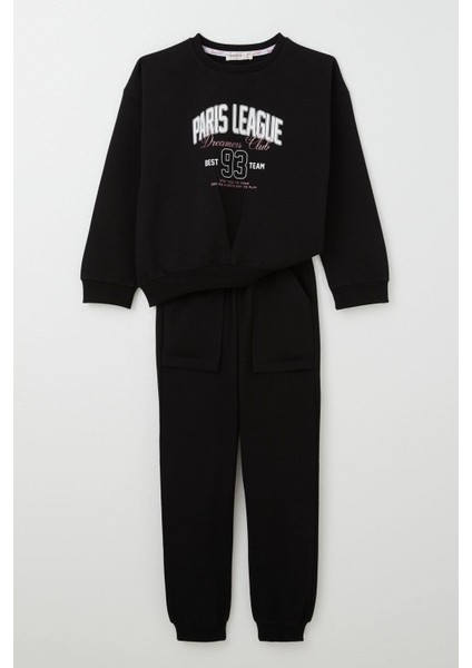 Kız Çocuk Eşofman Takım Lig Temalı Ön Kısmı V Dikişli 5-10 Yaş, Siyah