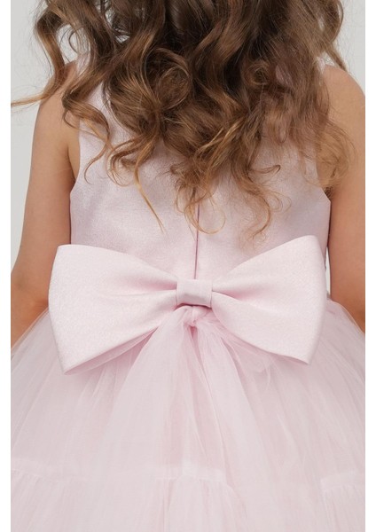 Kız Çocuk Abiye Elbise Arkası Fiyonk Detaylı Bel Kısmıtaşlı Taçlı 1-5 Yaş, Pembe indirimleri