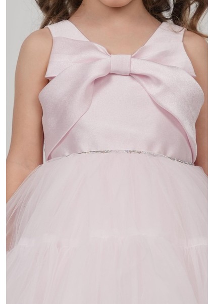 Kız Çocuk Abiye Elbise Arkası Fiyonk Detaylı Bel Kısmıtaşlı Taçlı 1-5 Yaş, Pembe