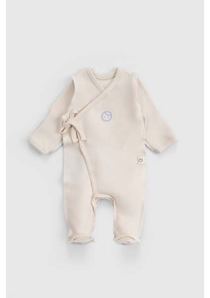 Ters Dikişli Organik Pamuk Ekru Prematüre Kruvaze Patikli Tulum