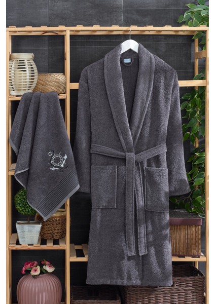Erkek Havlulu Banyo Bornoz Takımı %100 Pamuklu Antrasit