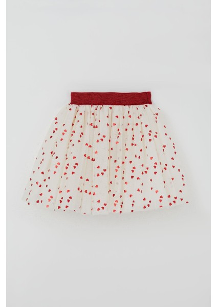 Kız Çocuk Tütü Etek Simli Kalp Desenli Beli Lastikli 5-10 Yaş, Ekru fiyatları