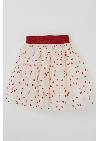 Kız Çocuk Tütü Etek Simli Kalp Desenli Beli Lastikli 5-10 Yaş, Ekru modelleri