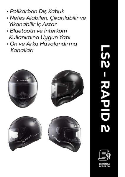 Rapid 2 Siyah Motosiklet Kaskı – Full Face, Güvenli & Konforlu Tasarım