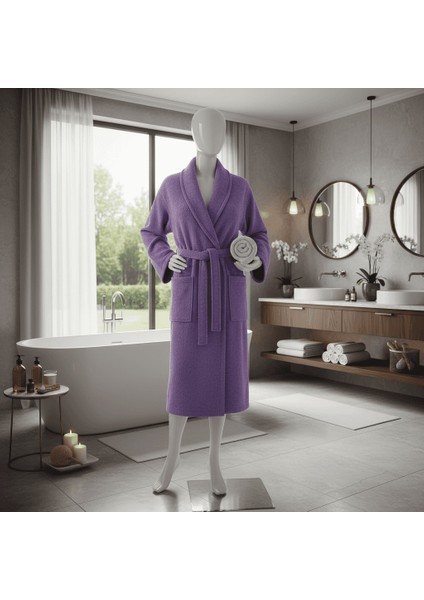 Kadın Havlulu Banyo Bornoz Takımı Lavanta %100 Pamuklu fırsatları