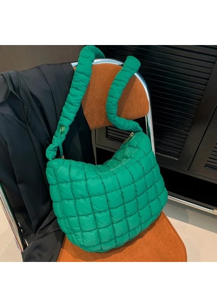 Yeşil Kadın Crossbody Çanta Pilili Bulut Kapitone Onay Bayan Çanta Uzay Pamuk Moda Basit Büyük Kapasiteli Rahat Alışveriş Çantası (Yurt Dışından)