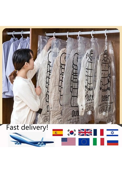 110X67CM Set 1 Vakum Askılı Saklama Torbaları Yerden Tasarruflu Giysiler Sıkıştırma Vakum Kapakları Yeniden Kullanılabilir Dolap Vakum Saklama Torbası Aşağı Giysiler (Yurt Dışından) fırsatları