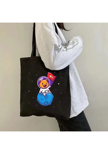 B77 35X40 cm Ay Uzay Sevimli Astronot Gezegen Satürn Yıldız Kedi Domuz Corgi Evren Kadın Kanvas Omuz Çantası Pamuk Alışveriş Plaj Çantası (Yurt Dışından)