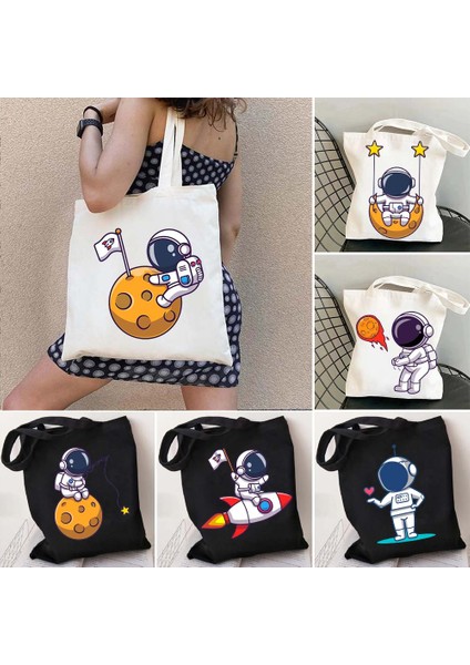 B77 35X40 cm Ay Uzay Sevimli Astronot Gezegen Satürn Yıldız Kedi Domuz Corgi Evren Kadın Kanvas Omuz Çantası Pamuk Alışveriş Plaj Çantası (Yurt Dışından) fiyatları
