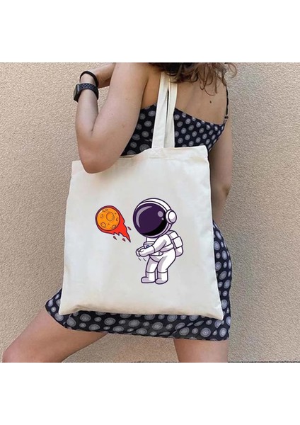 B77 35X40 cm Ay Uzay Sevimli Astronot Gezegen Satürn Yıldız Kedi Domuz Corgi Evren Kadın Kanvas Omuz Çantası Pamuk Alışveriş Plaj Çantası (Yurt Dışından) fırsatları