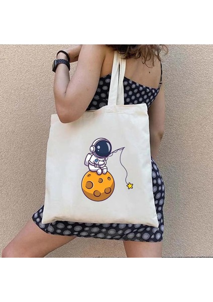 B77 35X40 cm Ay Uzay Sevimli Astronot Gezegen Satürn Yıldız Kedi Domuz Corgi Evren Kadın Kanvas Omuz Çantası Pamuk Alışveriş Plaj Çantası (Yurt Dışından) indirimleri