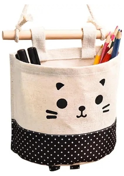 Siyah Nokta Karikatür Pamuk Keten Duvar Gardırop Asılı Çeşitli Eşyalar Saklama Çantası Karikatür Desen Ekose Ahşap Çubuk Yerden Tasarruf Organizatör Kılıfı (Yurt Dışından)