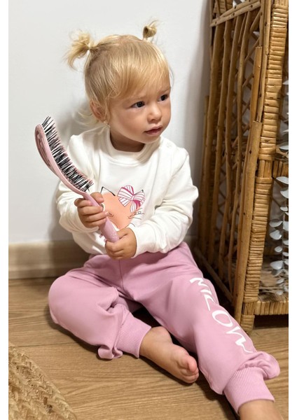 Kız Çocuk Eşofman Takım Sevimli Fiyonklu Kedi Baskılı 1.5-5 Yaş, Ekru