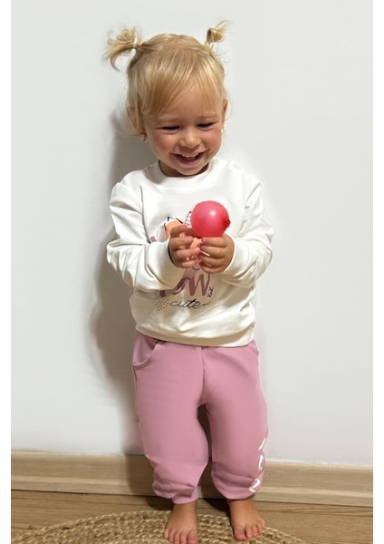 Kız Çocuk Eşofman Takım Sevimli Fiyonklu Kedi Baskılı 1.5-5 Yaş, Ekru