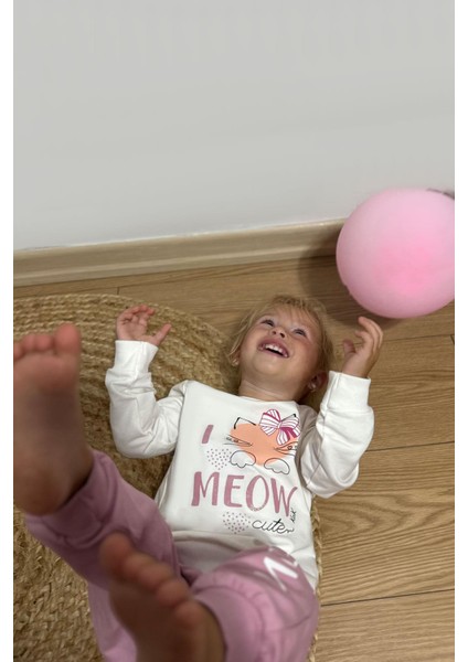 Kız Çocuk Eşofman Takım Sevimli Fiyonklu Kedi Baskılı 1.5-5 Yaş, Ekru