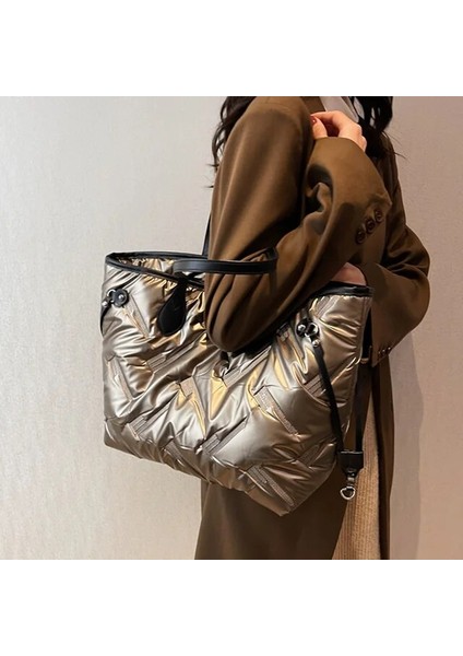 Şampanya Moda Kış Uzay Yastıklı Pamuklu Kadın Crossbody Çanta Rahat Naylon Büyük Kapasiteli Kadın Omuz Çantaları Düz Renk Çanta (Yurt Dışından)