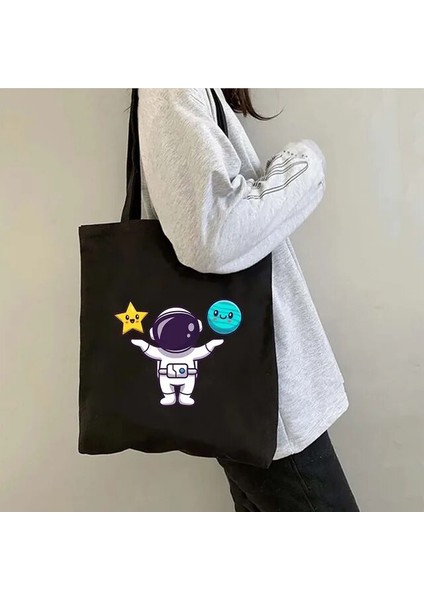 B72 35X40 cm Ay Uzay Sevimli Astronot Gezegen Satürn Yıldız Kedi Domuz Corgi Evren Kadın Kanvas Omuz Çantası Pamuk Alışveriş Plaj Çanta (Yurt Dışından)
