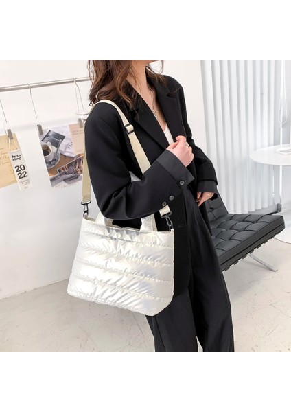 Şampanya Moda Kış Uzay Yastıklı Pamuklu Kadın Crossbody Çanta Rahat Naylon Büyük Kapasiteli Kadın Omuz Çantaları Düz Renk Çanta (Yurt Dışından) indirimleri