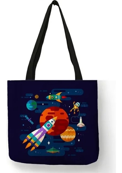 022 Karikatür Spaceman Astronot Uzay Tasarım Komik Çanta Açık Eğlence Omuz Çantaları Bakkaliye Için Yeniden Kullanılabilir Tote Alışveriş Çantası (Yurt Dışından)
