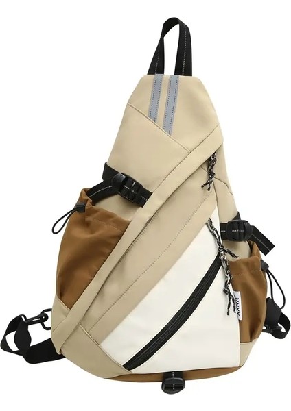 Üçgen Sırt Çantası Renk Bloğu Ayarlanabilir Kavisli Omuz Kayışı Benzersiz Tasarım Çoklu Cep Taşınabilir Işaretli Zipper Moda Rengi: Haki-Large (Yurt Dışından)