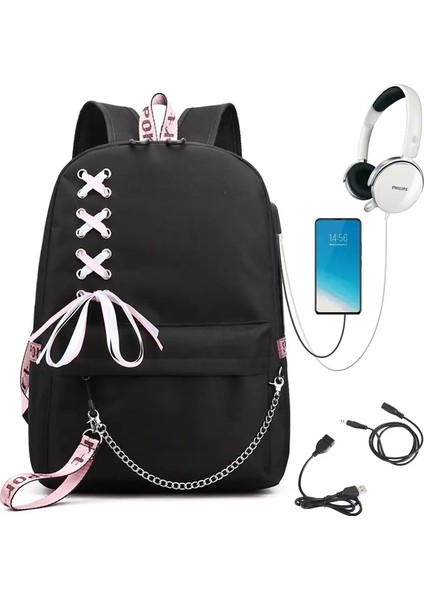 Üniversite Öğrencileri Için Okul Sırt Çantası Moda Trend Seyahat Sırt Çantası USB Şarj Dizüstü Bilgisayar Çantası Siyah Okul Çantaları Teenagercolor Için: 817-BK (Yurt Dışından)