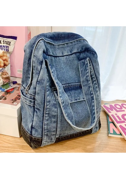 Denim Sırt Çantası Ayarlanabilir Kayış Kadın Okul Çantası Gündelik Kot Pantolon Çanta Retro Sırt Çantası Iş Için Seyahat (Yurt Dışından)