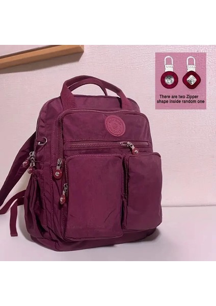 Moda Kadın Sırt Çantası Su Geçirmez Naylon Yumuşak Tutamak Katı Çok Cepli Seyahat Fermuarlı Feminina Okul Çantaları Dizüstü Bilgisayar Sırt Çantası Renk: Donuk Kırmızı (Yurt Dışından)