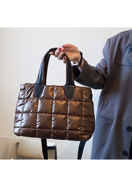Kahverengi Moda Kış Uzay Yastıklı Pamuk Kadın Crossbody Çanta Rahat Naylon Büyük Kapasiteli Kadın Omuz Çantaları Düz Renk Çanta (Yurt Dışından)