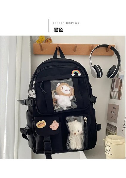 Büyük Kapasiteli Sevimli Kadınlar Çok Cepli Naylon Sırt Çantası Ins Junior Lise Öğrenci Okul Çantası Kadın Kız Sırt Çantası Dizüstü Kitap Renk: Siyah/beden: (Yurt Dışından)