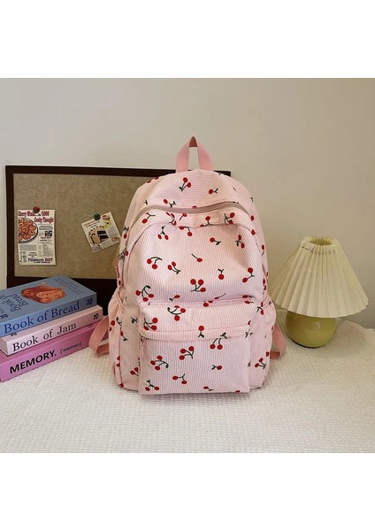 Kadife Sırt Çantası Kiraz Desen Kadınlar Seyahat Gündüz Çantası Ayarlanabilir Kayış Dizüstü Bilgisayar Sırt Çantası Fermuarı Iş Için Alışveriş Okul Color: Pembe (Yurt Dışından)
