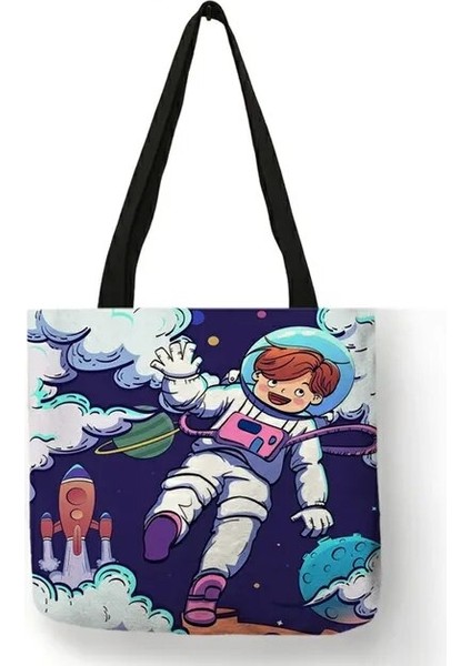 013 Karikatür Spaceman Astronot Uzay Tasarımı Komik Çanta Açık Eğlence Omuz Çantaları Bakkaliye Için Yeniden Kullanılabilir Tote Alışveriş Çantası (Yurt Dışından)