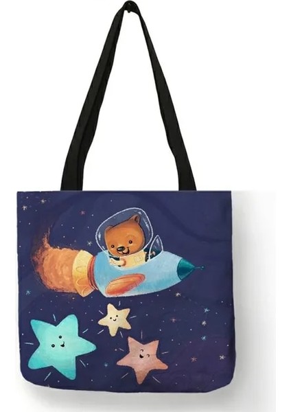 011 Karikatür Spaceman Astronot Uzay Tasarımı Komik Çanta Açık Eğlence Omuz Çantaları Bakkaliye Için Yeniden Kullanılabilir Tote Alışveriş Çantası (Yurt Dışından)