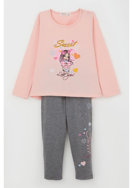 Kız Çocuk Taytlı Takım Sevimli Kız Baskılı Kalpli 2-6 Yaş, Pembe