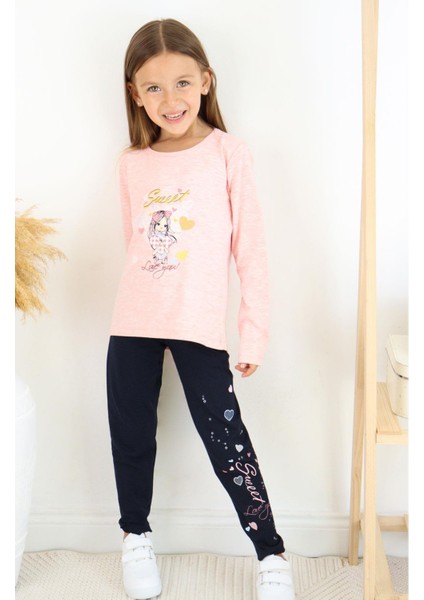 Kız Çocuk Taytlı Takım Sevimli Kız Baskılı Kalpli 2-6 Yaş, Somon Melanj