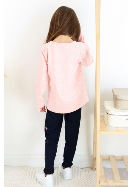 Kız Çocuk Taytlı Takım Sevimli Kız Baskılı Kalpli 2-6 Yaş, Somon Melanj