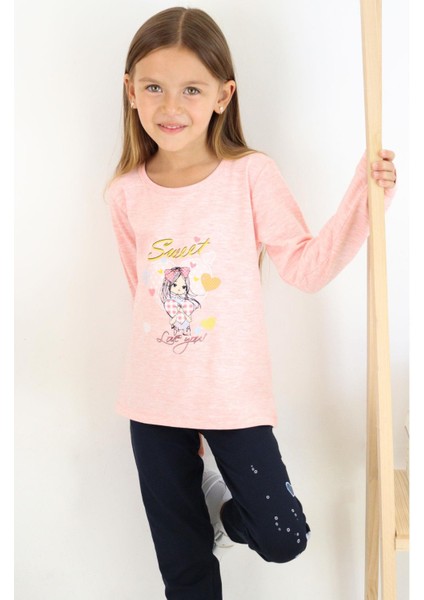 Kız Çocuk Taytlı Takım Sevimli Kız Baskılı Kalpli 2-6 Yaş, Somon Melanj