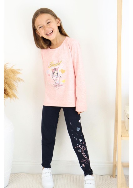Kız Çocuk Taytlı Takım Sevimli Kız Baskılı Kalpli 2-6 Yaş, Somon Melanj