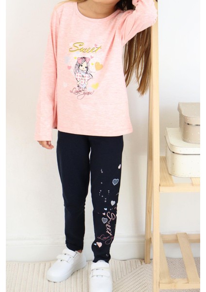Kız Çocuk Taytlı Takım Sevimli Kız Baskılı Kalpli 2-6 Yaş, Somon Melanj