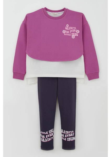 Kız Çocuk Taytlı Takım Yazı Çiçek Baskılı 8-12 Yaş, Eflatun indirimleri