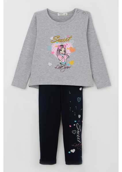 Kız Çocuk Taytlı Takım Sevimli Kız Baskılı Kalpli 2-6 Yaş, Gri Melanj