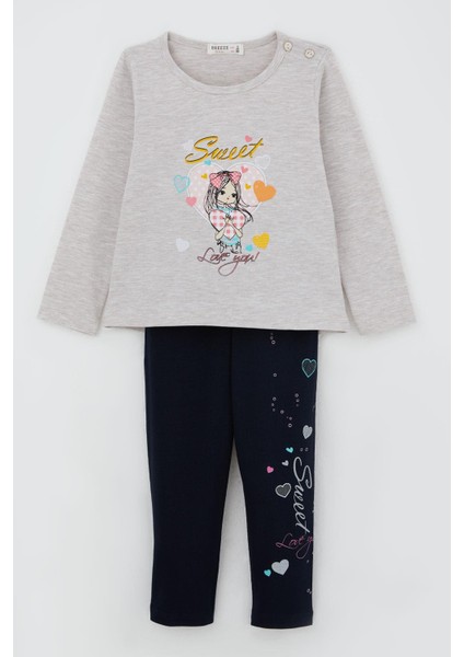 Kız Çocuk Taytlı Takım Sevimli Kız Baskılı Kalpli 2-6 Yaş, Bej Melanj