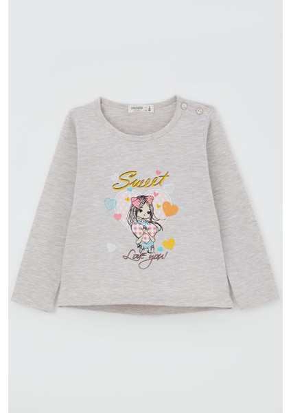 Kız Çocuk Taytlı Takım Sevimli Kız Baskılı Kalpli 2-6 Yaş, Bej Melanj