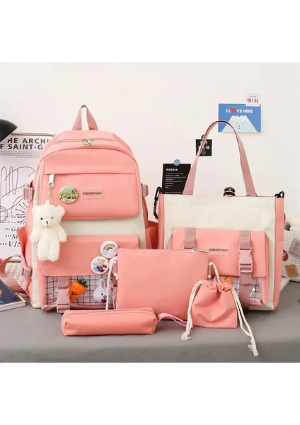 Yeni Büyük Kapasiteli Ilkokul Ortaokul Öğrencileri Omuzlar Omuzlar Backpack Lise Beş Set Çok Bölmeli Fash Rengi: Pembe (Yurt Dışından)