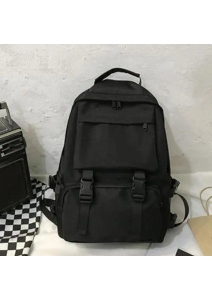 Basit Sırt Çantaları Büyük Kapasiteli Seyahat Çantası Katı Harajuku Öğrenci Okul Çantası Sırt Çantası Kadın Erkek Çanta Unisex Yüksek Tramvay: Siyah (Yurt Dışından)