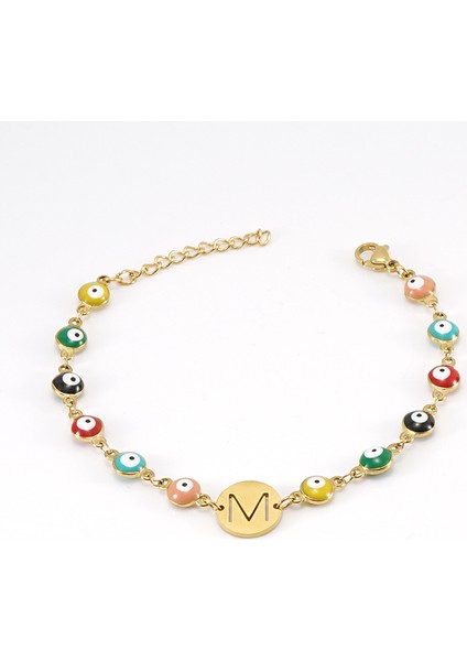 Renk Engelleme Nazar Monogram Bileklik Kadın 18K Titanyum Çelik Yuvarlak Nazar Bileklik (Yurt Dışından)